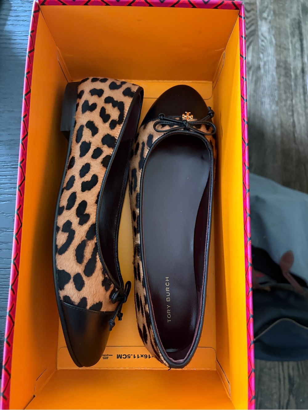 Tory Burch Leopard Print Calf Hair Ballet Flats with Black Cap Toe